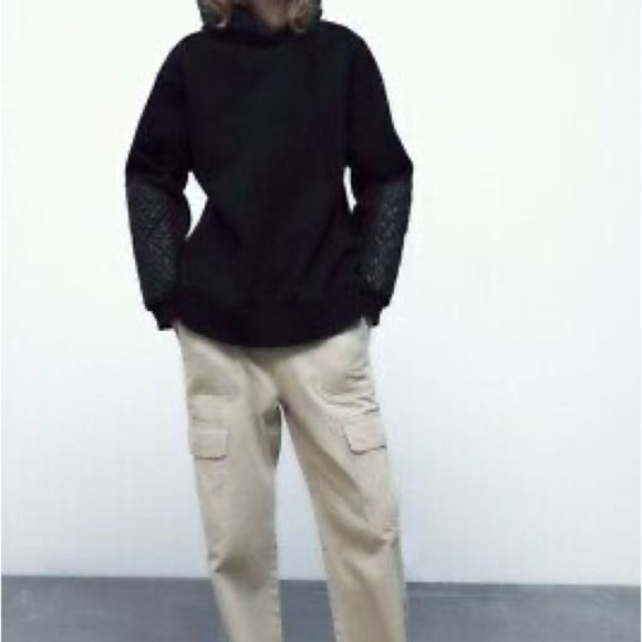 Zara Combination Quilted & Denim Black Hooded Sweatshirt | Size US S - Picture 2 of 10